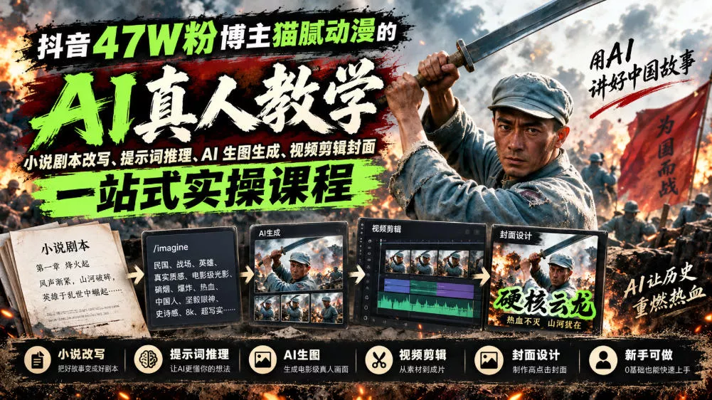 抖音47W粉博主猫腻动漫的AI真人漫剧教学，小说剧本改写、提示词推理、AI生图生成、视频剪辑封面一站式实操课程-奇点库