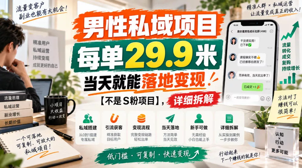 男性私域项目，每单29.9米，当天就能落地变现【不是S粉项目】，详细拆解-奇点库