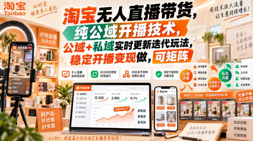 淘宝无人直播带货，纯公域开播技术，公域+私域实时更新迭代玩法，稳定开播变现做，可矩阵【揭秘】-奇点库