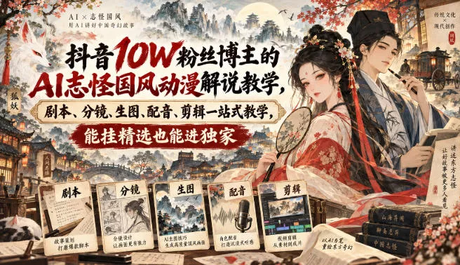 抖音10W粉丝博主的AI志怪国风动漫解说教学,剧本、分镜、生图、配音、剪辑一站式教学,能挂精选也能进独家 抖音10W粉丝博主的AI志怪国风动漫解说教学,剧本、分镜、生图、配音、剪辑一站式教学,能挂精选也能进独家