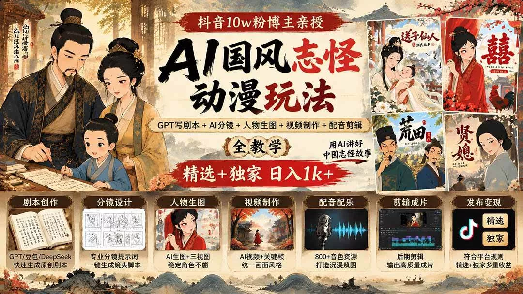 （20538期）抖音10w粉博主亲授AI国风志怪动漫玩法｜GPT写剧本+AI分镜+人物生图+视频制作+配音剪辑全教学｜精选+独家日入1k+-奇点库