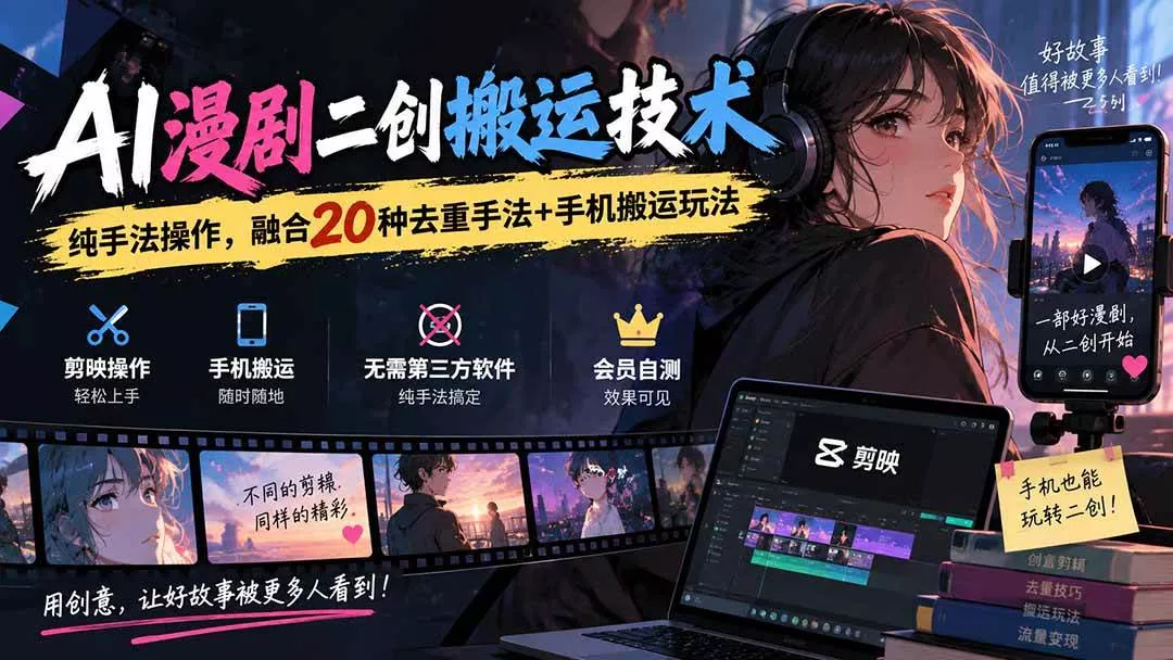 （20551期）AI漫剧二创搬运技术，纯手法操作，融合20种去重手法++手机搬运玩法-奇点库