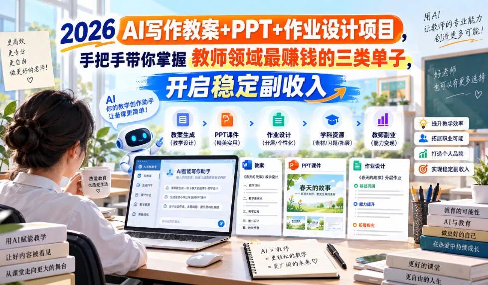2026 AI写作教案+PPT+作业设计项目，手把手带你掌握教师领域最賺钱的三类单子，开启稳定副收入-奇点库