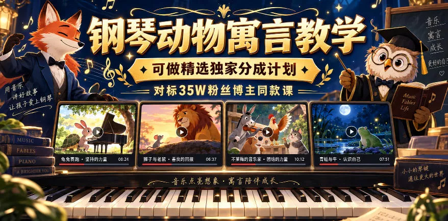 钢琴动物寓言教学，可做精选独家分成计划，对标35W粉丝博主同款课-奇点库