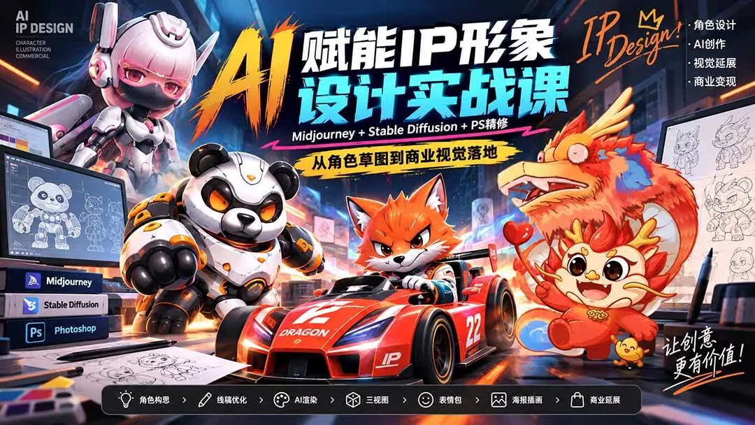 （20552期）AI赋能IP形象设计实战课-无水印：Midjourney+Stable Diffusion+PS精修，从角色草图到商业视觉落地-奇点库