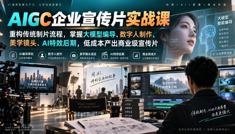AIGC企业宣传片实战课，重构传统制片流程，掌握大模型编导、数字人制作、美学镜头、AI特效后期，低成本产出商业级宣传片-奇点库