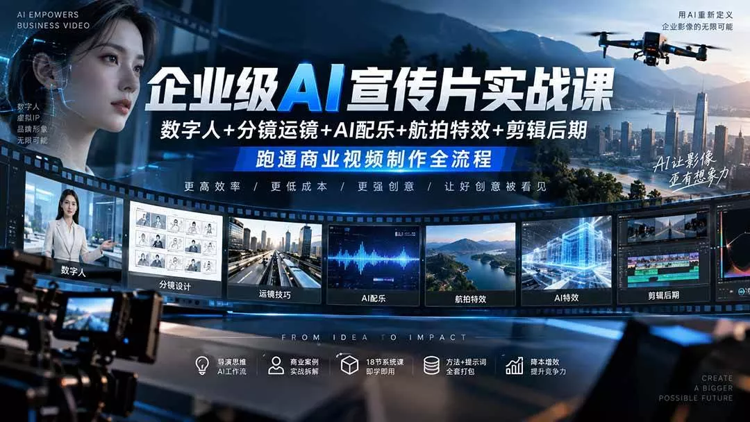 （20548期）企业级AI宣传片实战课｜数字人+分镜运镜+AI配乐+航拍特效+剪辑后期，跑通商业视频制作全流程-奇点库