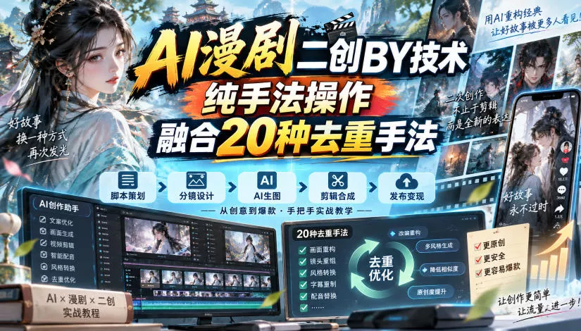 AI漫剧二创搬运技术，纯手法操作，融合20种去重手法-奇点库
