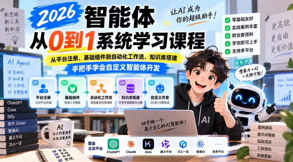 2026智能体从0到1系统学习课程，从平台注册、基础组件到自动化工作流、知识库搭建，手把手学会自定义智能体开发-奇点库