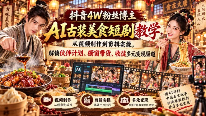 抖音4W粉丝博主AI古装美食短剧教学，从视频制作到剪辑实操，解锁伙伴计划、橱窗带货、收徒多元变现渠道-奇点库