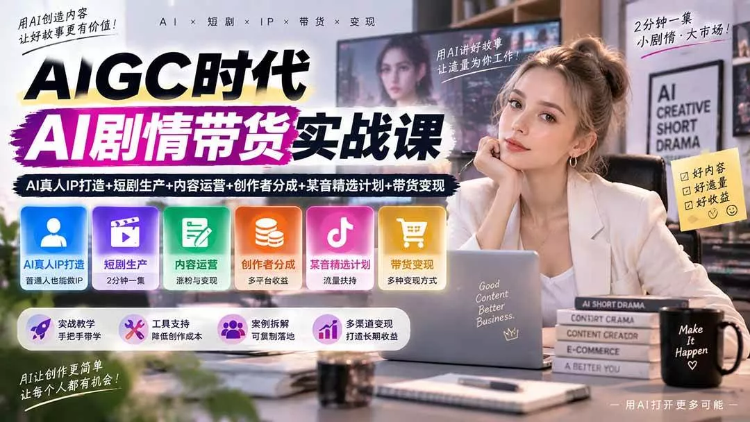（20567期）AIGC时代AI剧情带货实战课｜AI真人IP打造+短剧生产+内容运营+创作者分成、某音精选计划+带货变现-奇点库