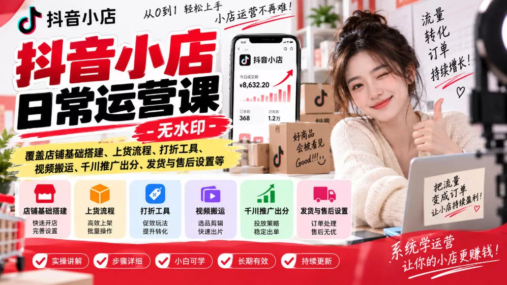 抖音小店日常运营课-无水印，覆盖店铺基础搭建、上货流程、打折工具、视频搬运、千川推广出分、发货与售后设置等-奇点库