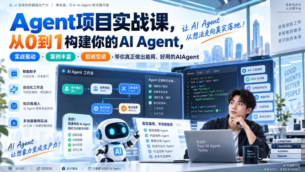 Agent项目实战课,从0到1构建你的AI Agent,实战驱动·案例丰富·拒绝空谈,带你真正做出能用、好用的AIAgent Agent项目实战课,从0到1构建你的AI Agent,实战驱动·案例丰富·拒绝空谈,带你真正做出能用、好用的AIAgent