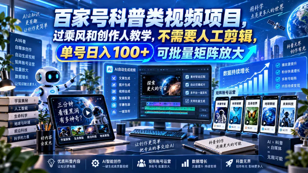 百家号科普类视频项目，过乘风和创作人教学，不需要人工剪辑，单号日入100+可批量矩阵放大-奇点库
