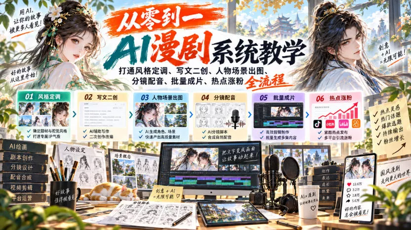 从零到一AI漫剧系统教学，打通风格定调、写文二创、人物场景出图、分镜配音、批量成片、热点涨粉全流程-奇点库