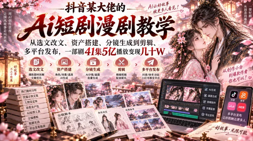 抖音某大佬的Ai短剧漫剧教学,从选文改文、资产搭建、分镜生成到剪辑、多平台发布,一部剧41集5亿播放变现几十W 抖音某大佬的Ai短剧漫剧教学,从选文改文、资产搭建、分镜生成到剪辑、多平台发布,一部剧41集5亿播放变现几十W