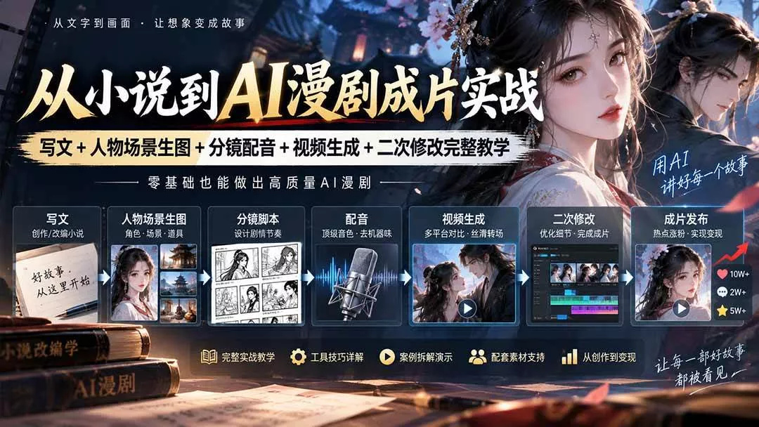 （20577期）从小说到AI漫剧成片实战：写文+人物场景生图+分镜配音+视频生成+二次修改完整教学-奇点库