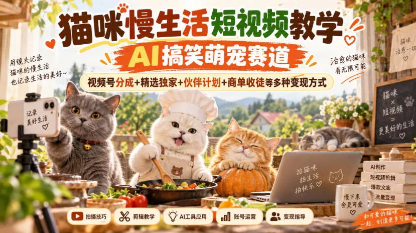 猫咪慢生活短视频教学，AI搞笑萌宠赛道，视频号分成+精选独家+伙伴计划+商单收徒等多种变现方式-奇点库