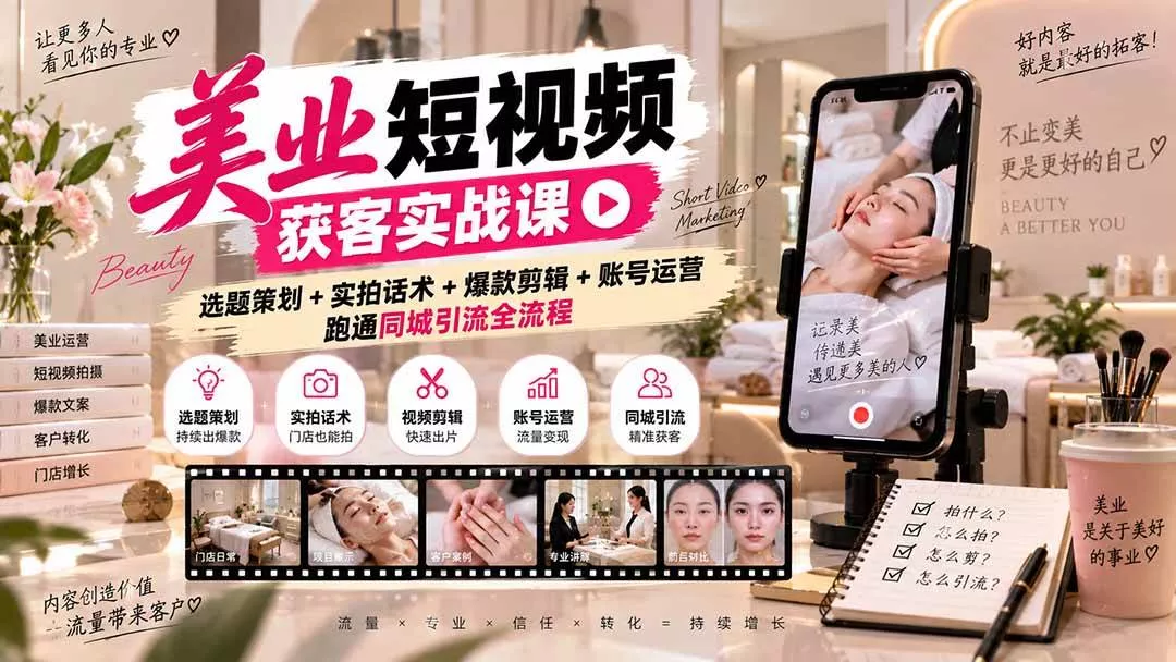 （20586期）美业短视频获客实战课-无水印：选题策划+实拍话术+爆款剪辑+账号运营，跑通同城引流全流程-奇点库