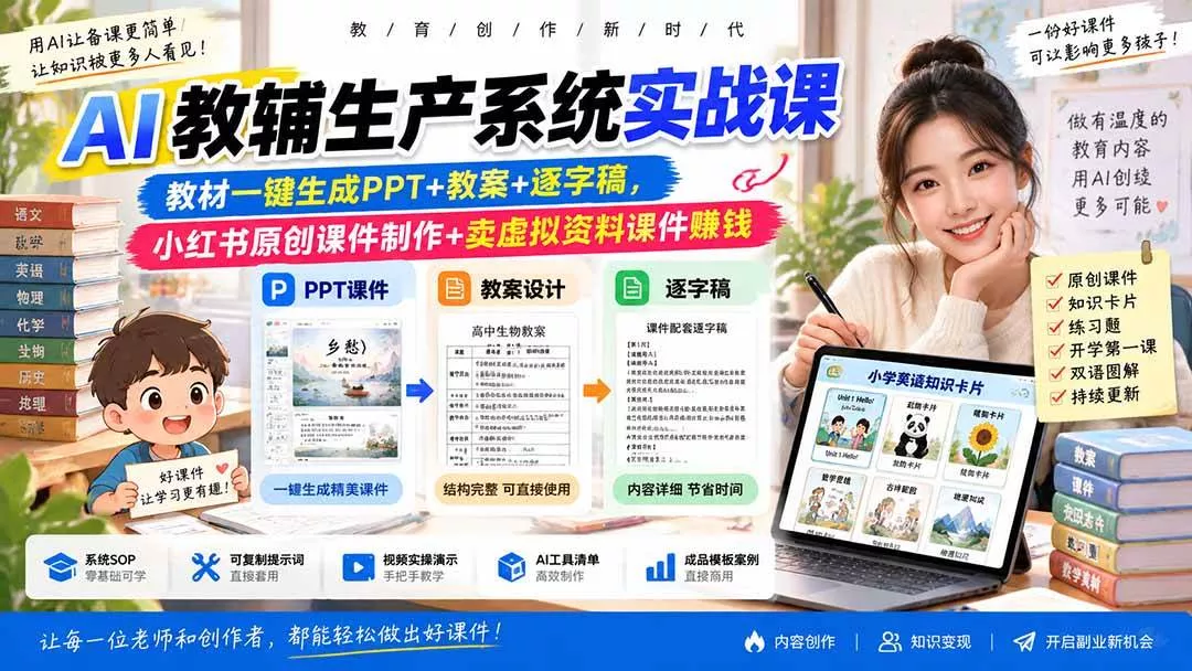 （20583期）AI教辅生产系统实战课-更新0922｜教材一键生成PPT+教案+逐字稿，小红书原创课件制作+卖虚拟资料课件赚钱-奇点库