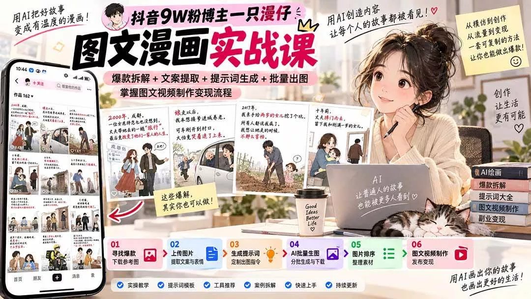 (20584期)抖音9W粉博主一只漫仔图文漫画课:爆款拆解+文案提取+提示词生成+批量出图,掌握图文视频制作变现流程 (20584期)抖音9W粉博主一只漫仔图文漫画课:爆款拆解+文案提取+提示词生成+批量出图,掌握图文视频制作变现流程