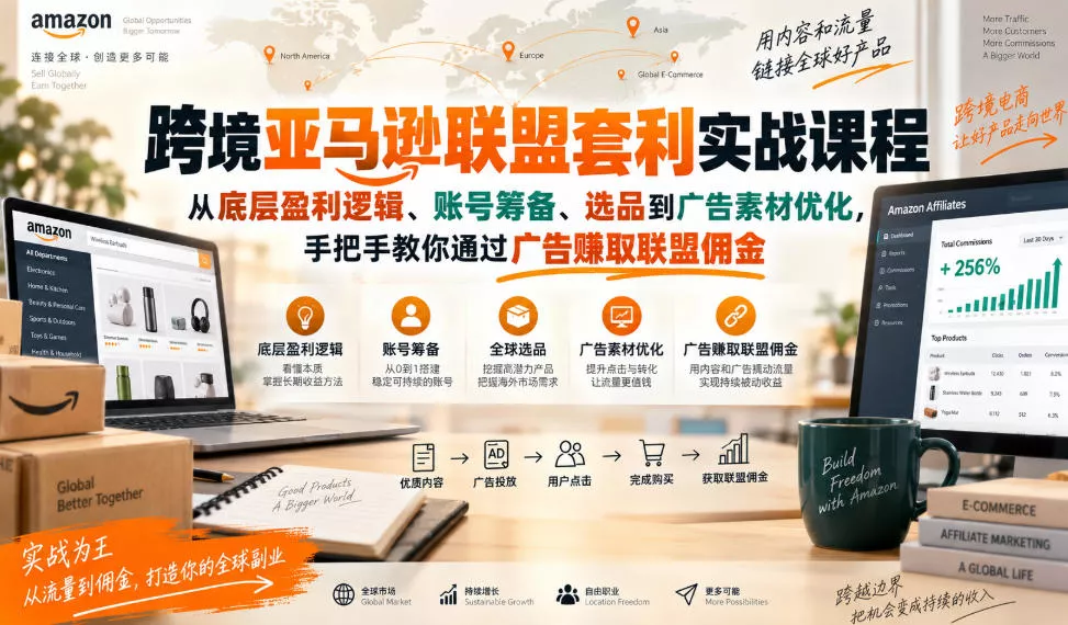 跨境亚马逊联盟套利实战课程，从底层盈利逻辑、账号筹备、选品到广告素材优化，手把手教你通过广告賺取联盟佣金-奇点库