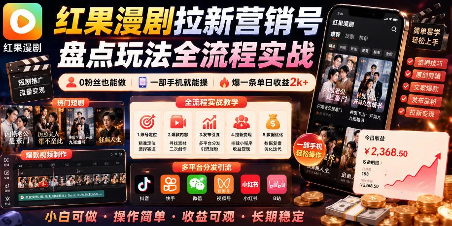 红果漫剧拉新营销号盘点玩法全流程实战，0粉丝也能做，一部手机就能做，爆一条单日收益2k+（更新0922）-奇点库