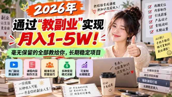 2026年通过“教副业”实现月入1-5W！毫无保留的全部教给你，长期稳定项目【揭秘】-奇点库
