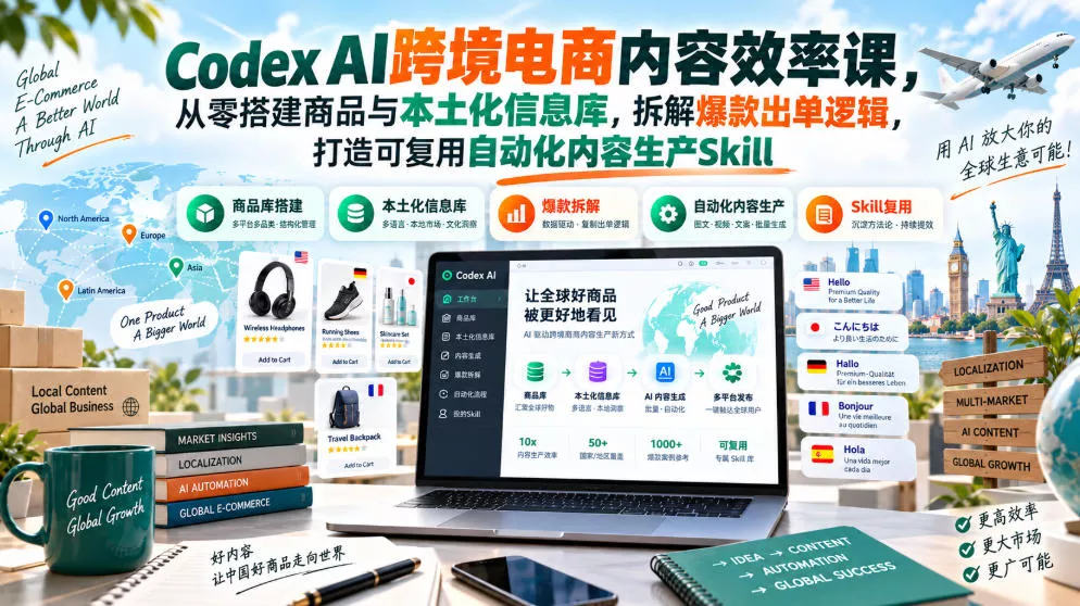 Codex AI跨境电商内容效率课，从零搭建商品与本土化信息库，拆解爆款出单逻辑，打造可复用自动化内容生产Skill-奇点库