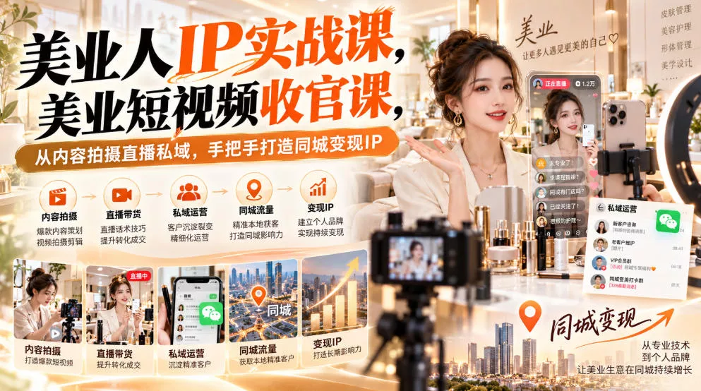【无水印】美业人IP实战课，美业短视频收官课，从内容拍摄直播私域，手把手打造同城变现IP-奇点库