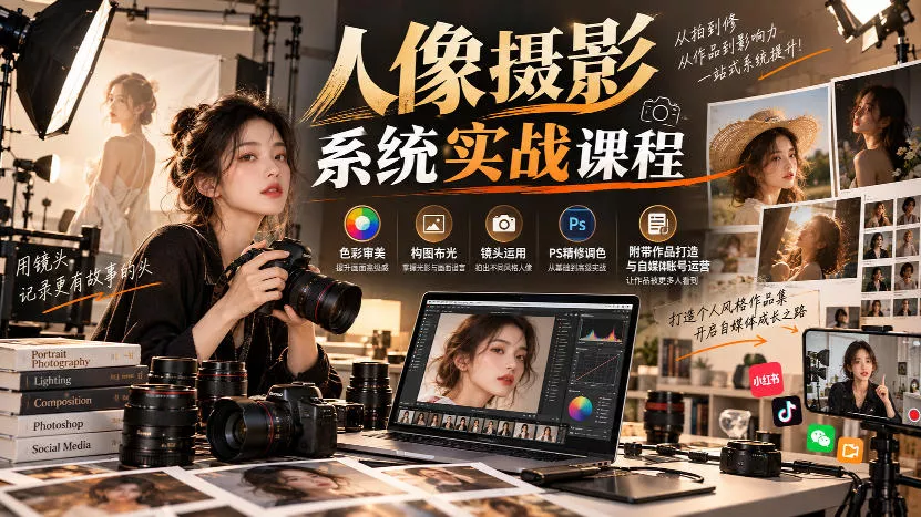 【无水印】人像摄影系统实战课程，色彩审美、构图布光、镜头运用、PS精修调色，附带作品打造与自媒体账号运营-奇点库