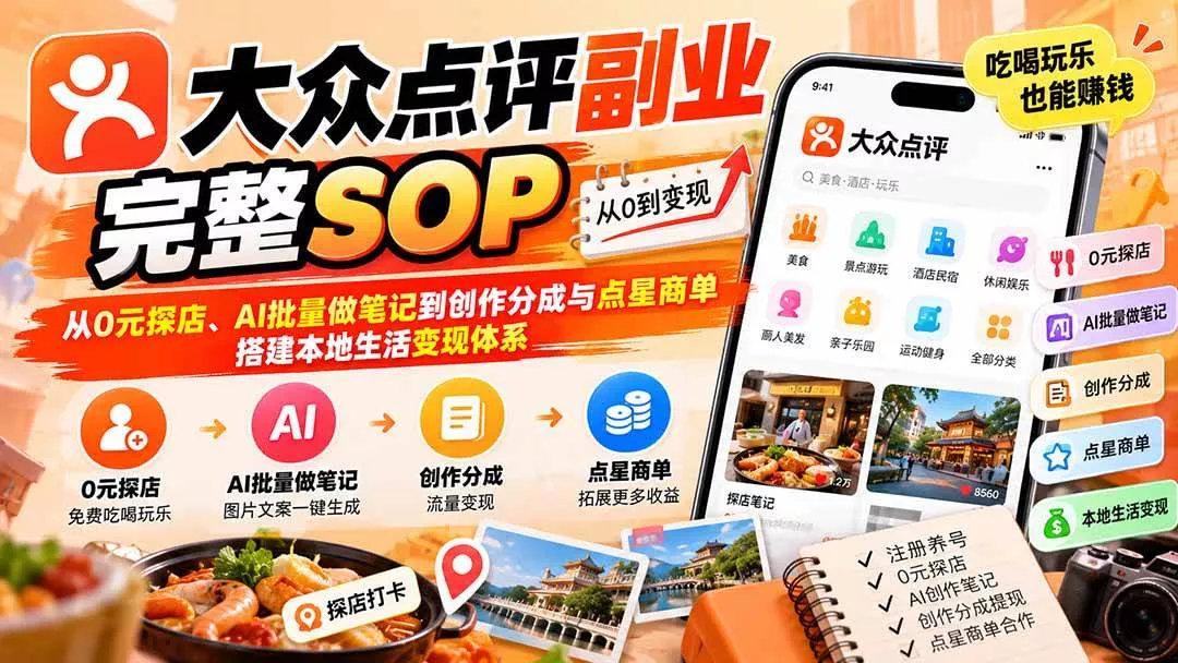 (20638期)【无水印】大众点评副业完整SOP:从0元探店、AI批量做笔记到创作分成与点星商单,搭建本地生活变现体系 (20638期)【无水印】大众点评副业完整SOP:从0元探店、AI批量做笔记到创作分成与点星商单,搭建本地生活变现体系