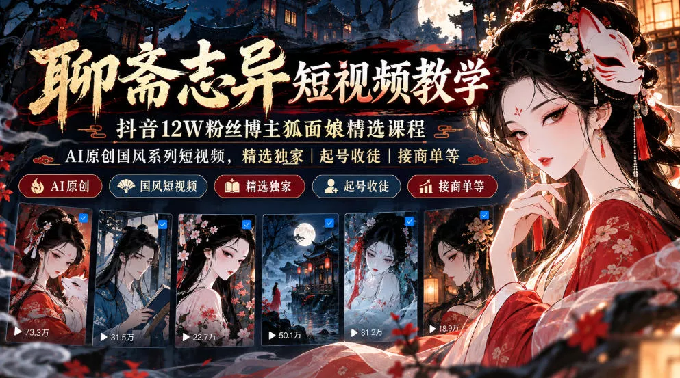 聊斋志异短视频教学，抖音12W粉丝博主狐面娘精选课程，AI原创国风系列短视频，精选独家丨起号收徒丨接商单等-奇点库
