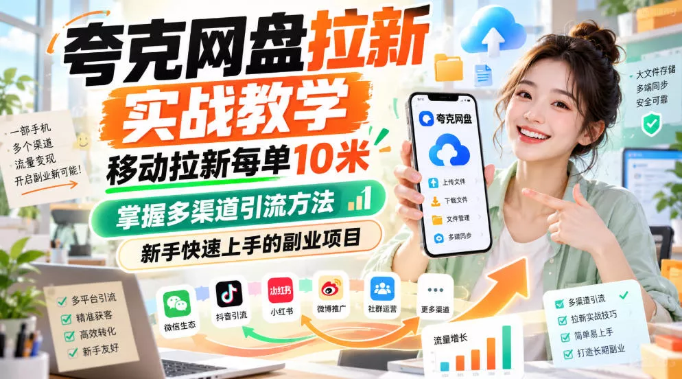 夸克网盘拉新实战教学，移动拉新每单10米，掌握多渠道引流方法，新手快速上手的副业项目-奇点库