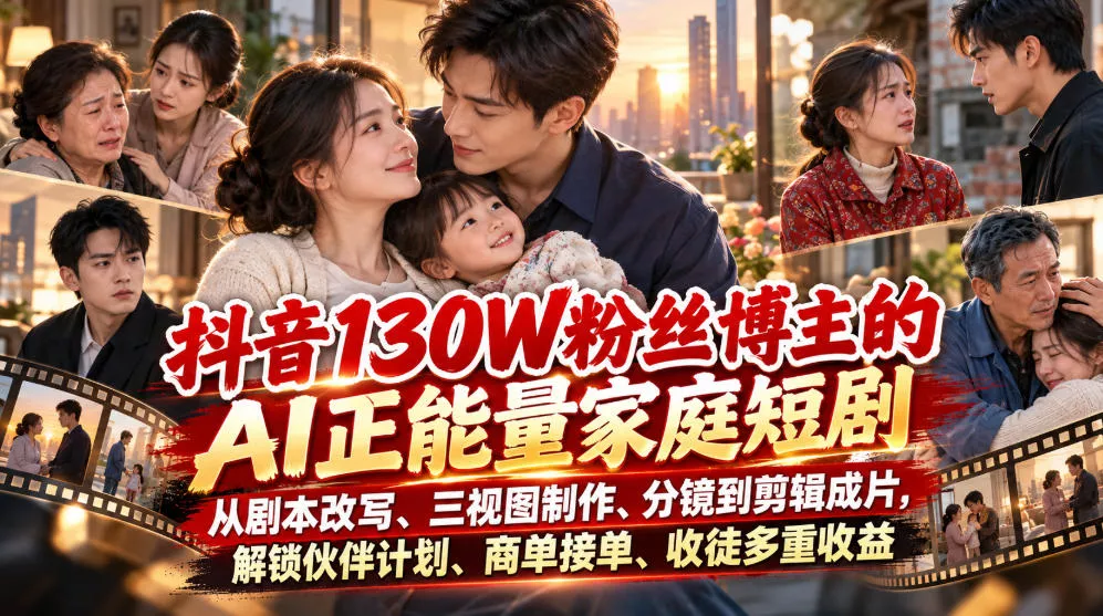 抖音130W粉丝博主的AI正能量家庭短剧，从剧本改写、三视图制作、分镜到剪辑成片，解锁伙伴计划、商单接单、收徒多重收益-奇点库