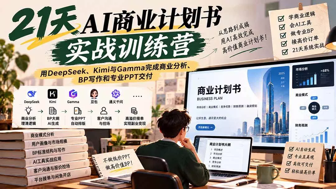 (20637期)【无水印】21天AI商业计划书实战训练营:用DeepSeek、Kimi与Gamma完成商业分析、BP写作和专业PPT交付 (20637期)【无水印】21天AI商业计划书实战训练营:用DeepSeek、Kimi与Gamma完成商业分析、BP写作和专业PPT交付