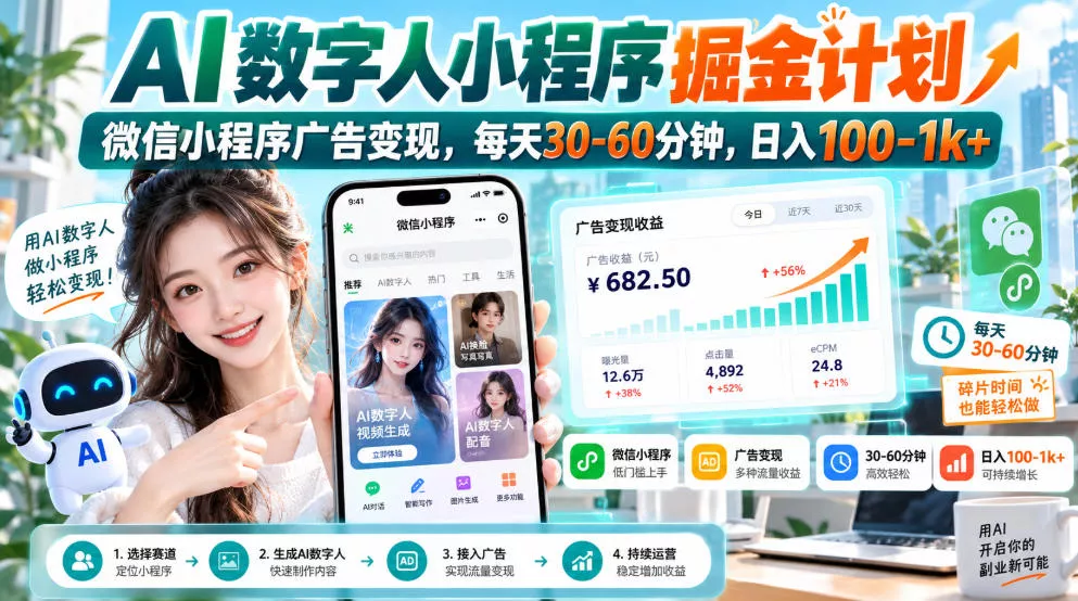 【无水印】AI数字人小程序掘金计划，微信小程序广告变现，每天30‑60分钟，日入100‑1k+-奇点库