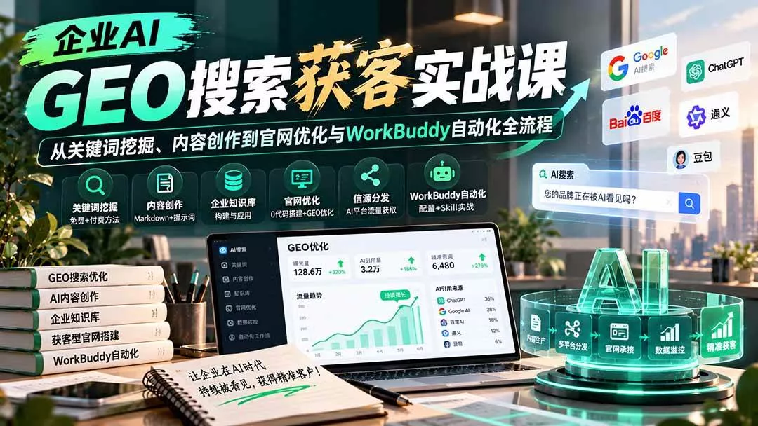 （20643期）企业AI GEO搜索获客实战课：从关键词挖掘、内容创作到官网优化与WorkBuddy自动化全流程-奇点库