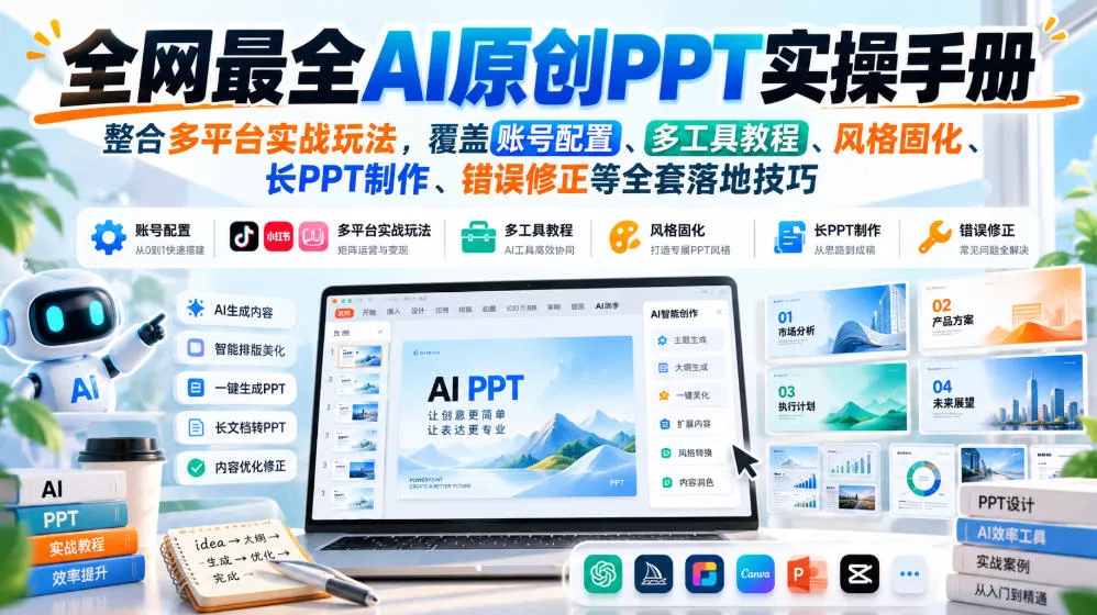 全网最全AI原创PPT实操手册，整合多平台实战玩法，覆盖账号配置、多工具教程、风格固化、长PPT制作、错误修正等全套落地技巧-奇点库