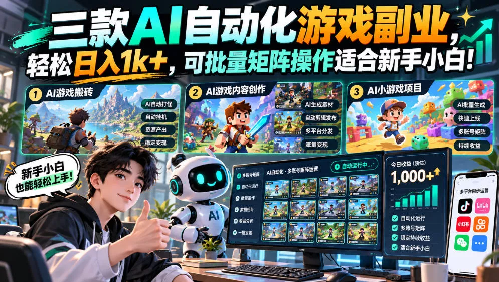 三款AI自动化游戏副业，轻松日入1k+，可批量矩阵操作适合新手小白！【揭秘】-奇点库