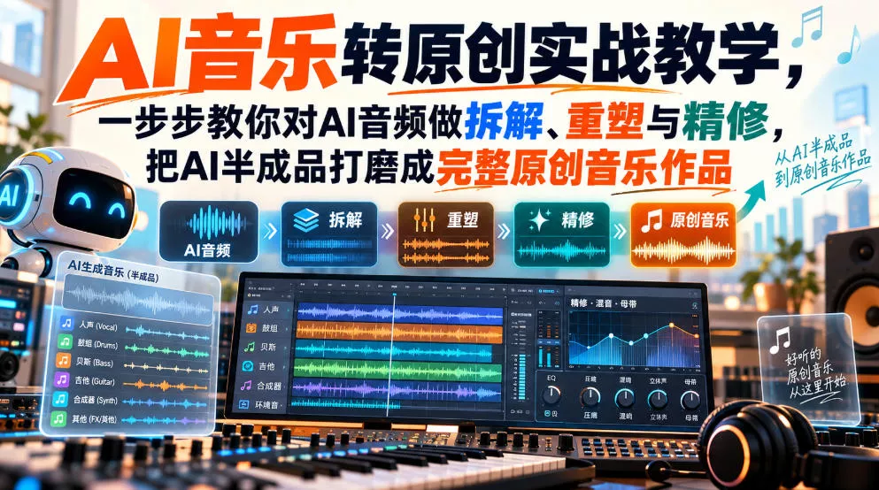 AI音乐转原创实战教学，一步步教你对AI音频做拆解、重塑与精修，把AI半成品打磨成完整原创音乐作品-奇点库