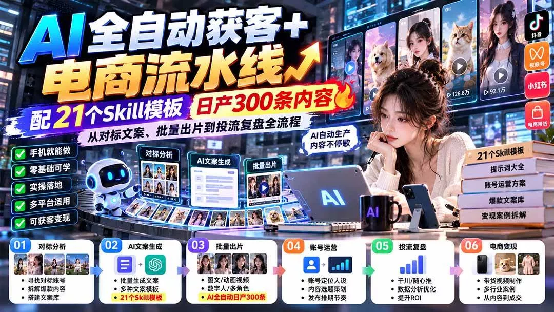（20664期）AI全自动获客+电商流水线：配21个Skill模板，日产300条内容，从对标文案、批量出片到投流复盘全流程-奇点库