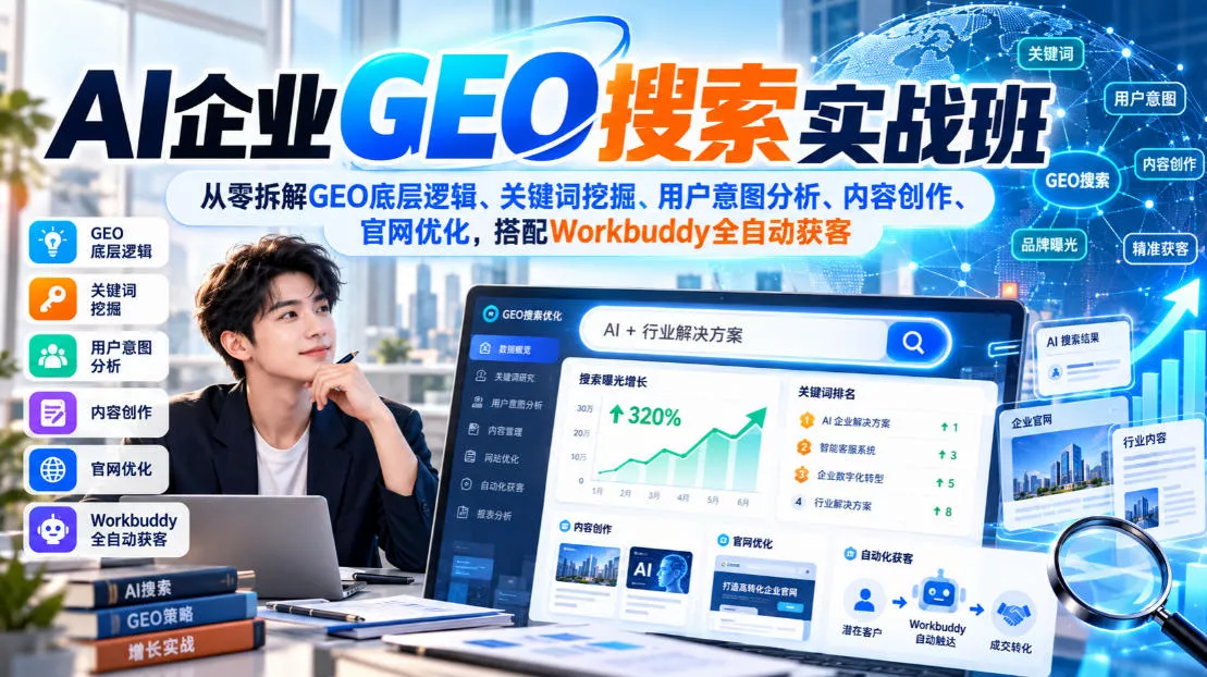 AI企业GEO搜索实战班，从零拆解GEO底层逻辑、关键词挖掘、用户意图分析、内容创作、官网优化，搭配Workbuddy全自动获客-奇点库