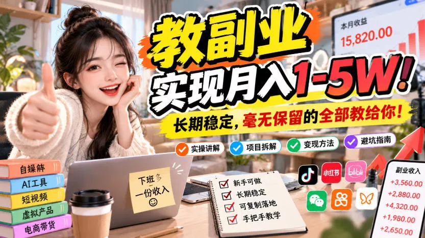 “教副业”实现月入1-5W！长期稳定，毫无保留的全部教给你！【揭秘】-奇点库