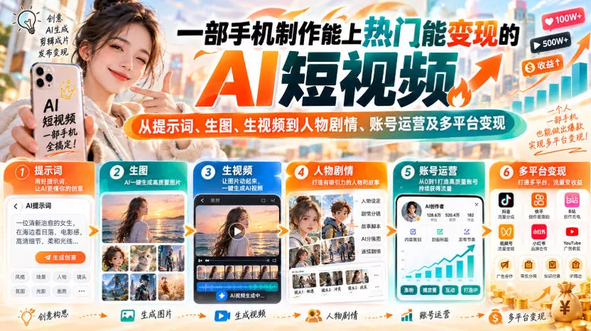 【无水印】一部手机制作能上热门能变现的AI短视频，从提示词、生图、生视频到人物剧情、账号运营及多平台变现-奇点库