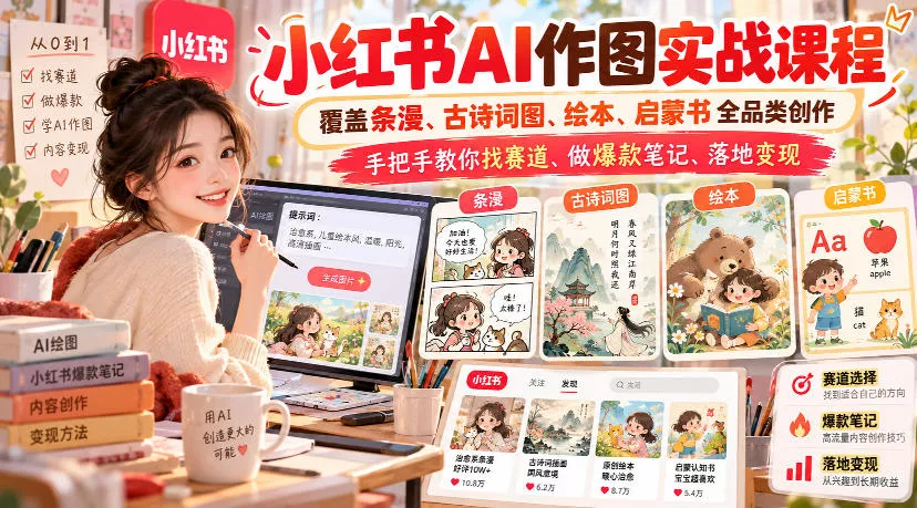小红书AI作图实战课程，覆盖条漫、古诗词图、绘本、启蒙书全品类创作，手把手教你找赛道、做爆款笔记、落地变现-奇点库