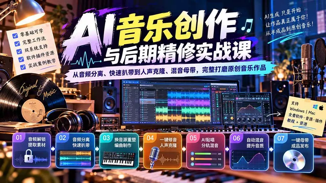 （20652期）AI音乐创作与后期精修实战课：从音频分离、快速扒带到人声克隆、混音母带，完整打磨原创音乐作品-奇点库