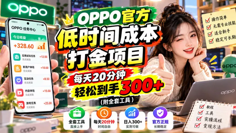 OPPO官方低时间成本打金项目，每天20分钟，轻松到手300+（附全套工具）【揭秘】-奇点库