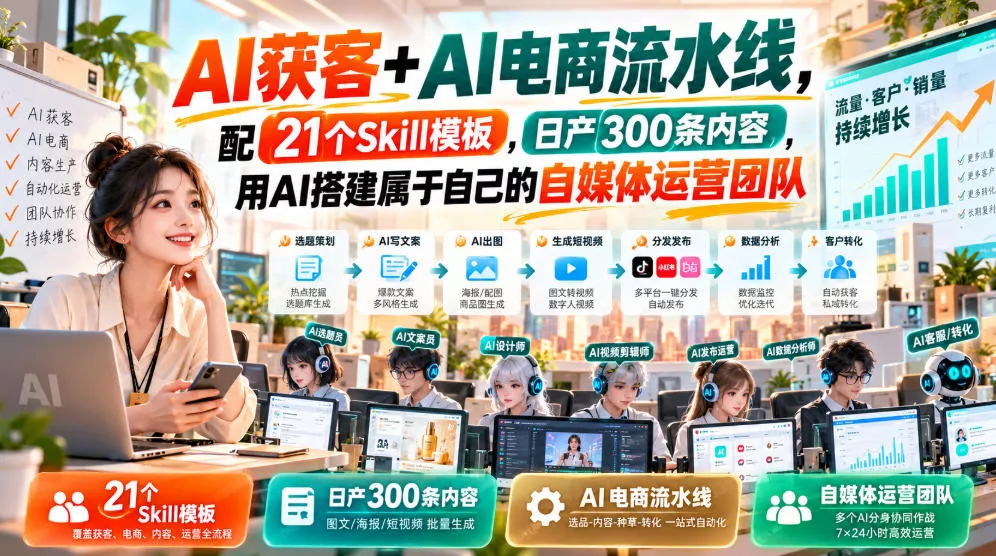 AI获客+AI电商流水线，配21个Skill模板，日产300条内容，用AI搭建属于自己的自媒体运营团队-奇点库