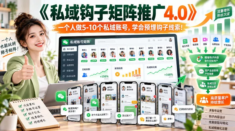 【无水印】《私域钩子矩阵推广4.0》一个人做5-10个私域账号，学会预埋钩子线索！-奇点库